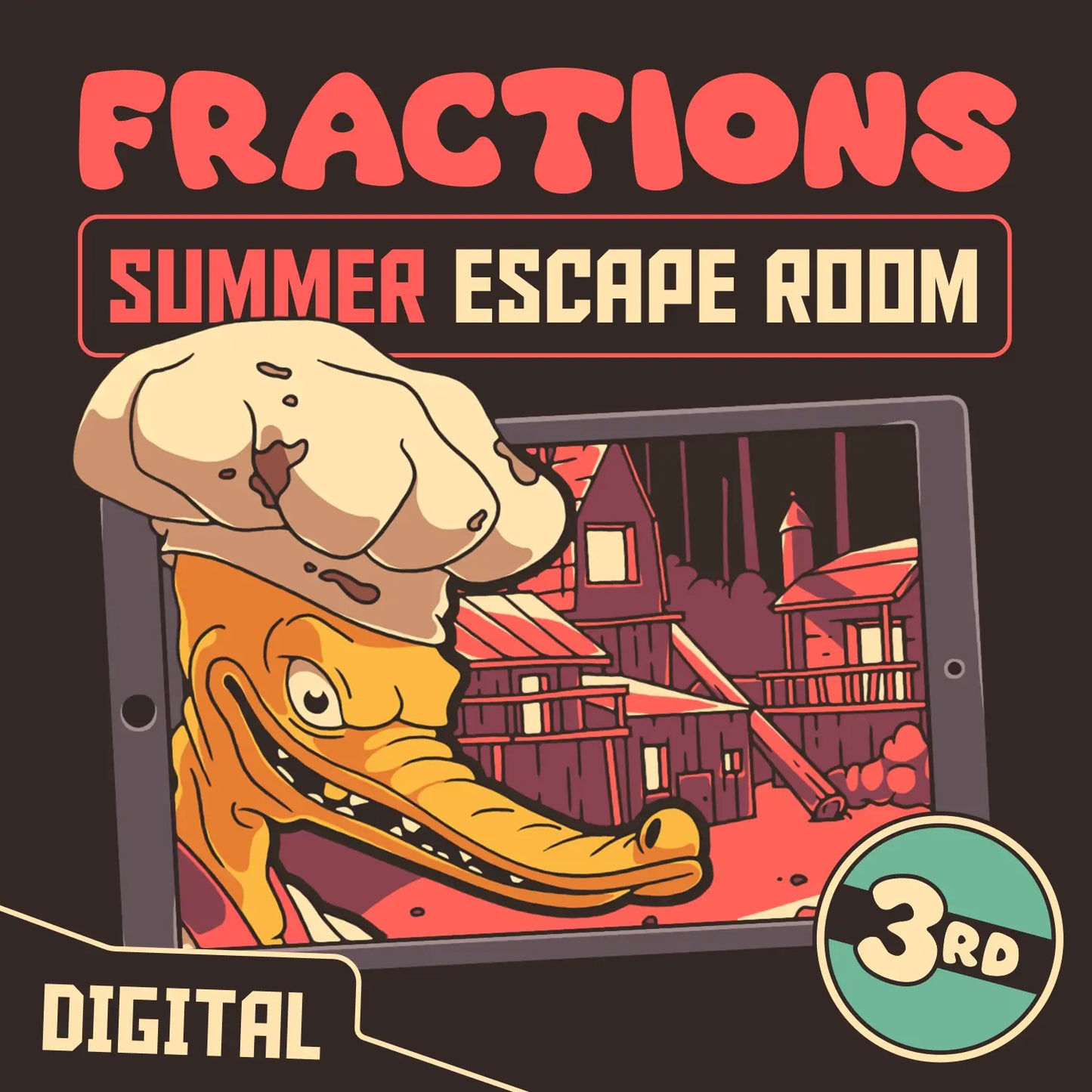 Digital summer escape room covering 3rd grade fractions, titled "Puzzle Punks: Camp Calamari."
