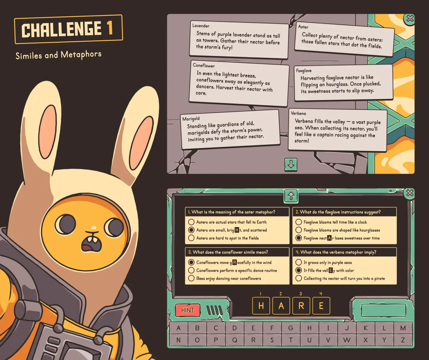 Virtual similes and metaphors game with a spring theme and a multiple-choice quiz section.