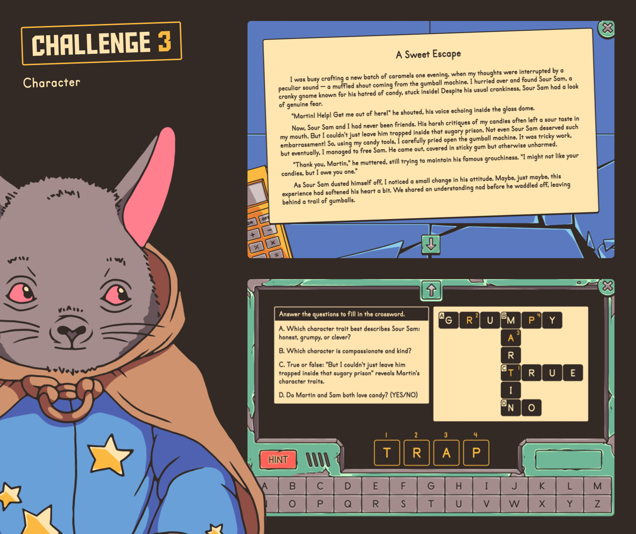 Virtual character traits activity with a crossword puzzle.