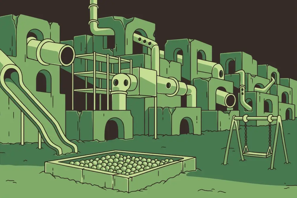 Pickle's Playground from the Puzzle Punks games, featuring a creepy green play structure with slides, tubes, a ball pit, and swing set.