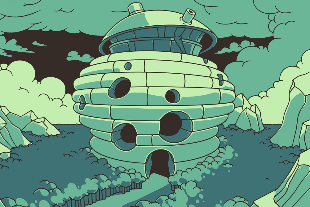 A scene depicting Bumbleburg Hive in the springtime, from the Puzzle Punks universe. It sits in a green valley with storm clouds above.
