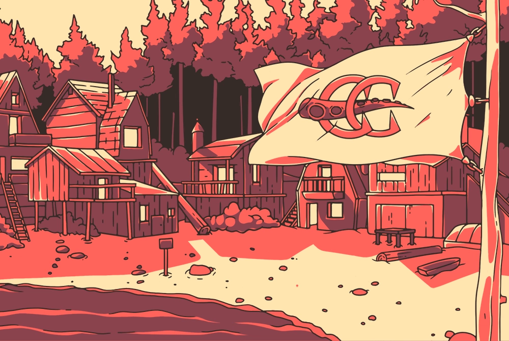 A summertime beach scene of Camp Calamari from the Puzzle Punks universe, containing a summer camp, pine forest, and makeshift flag.