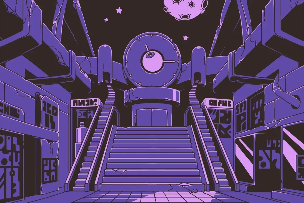 Foyer of the Midnight Mall from the Puzzle Punks games, featuring a large staircase flanked by shops, with a massive eyeball-clock at the top.