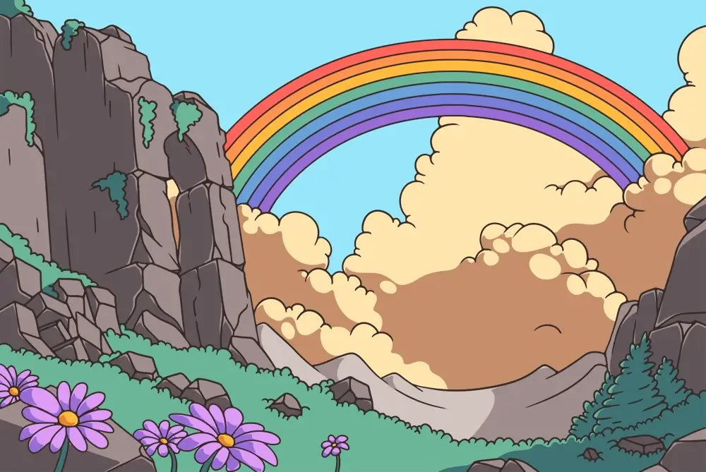 A serene valley framed by a vivid rainbow; a scene from the Puzzle Punks escape rooms universe.