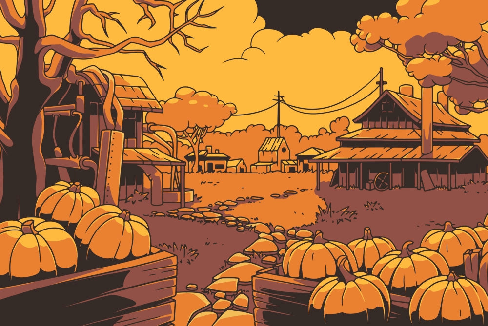 An autumn scene of Candlewick's Farm from the Puzzle Punks universe — complete with pumpkins, a barn, and a mysterious factory.
