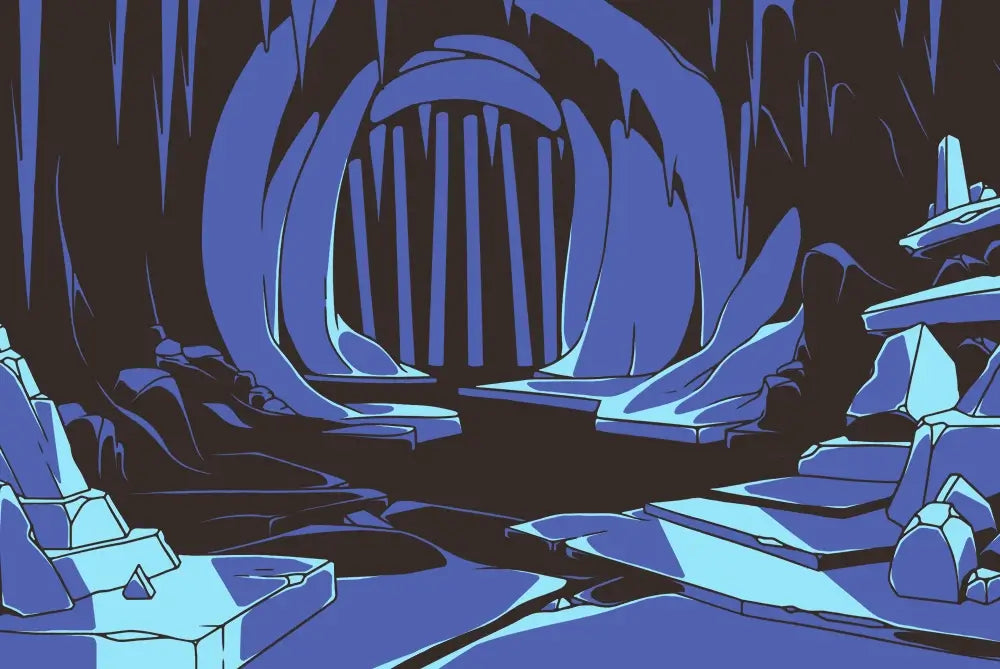 Entrance to the Yeti's Lair from the Puzzle Punks games, featuring a dark cavern sealed off by thick iron bars, and surrounded by blue ice.