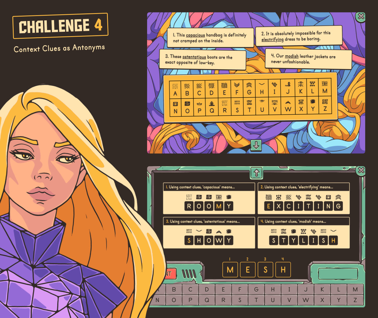 Digital context clues as antonyms game with short passages, a cryptogram, and an answer section.