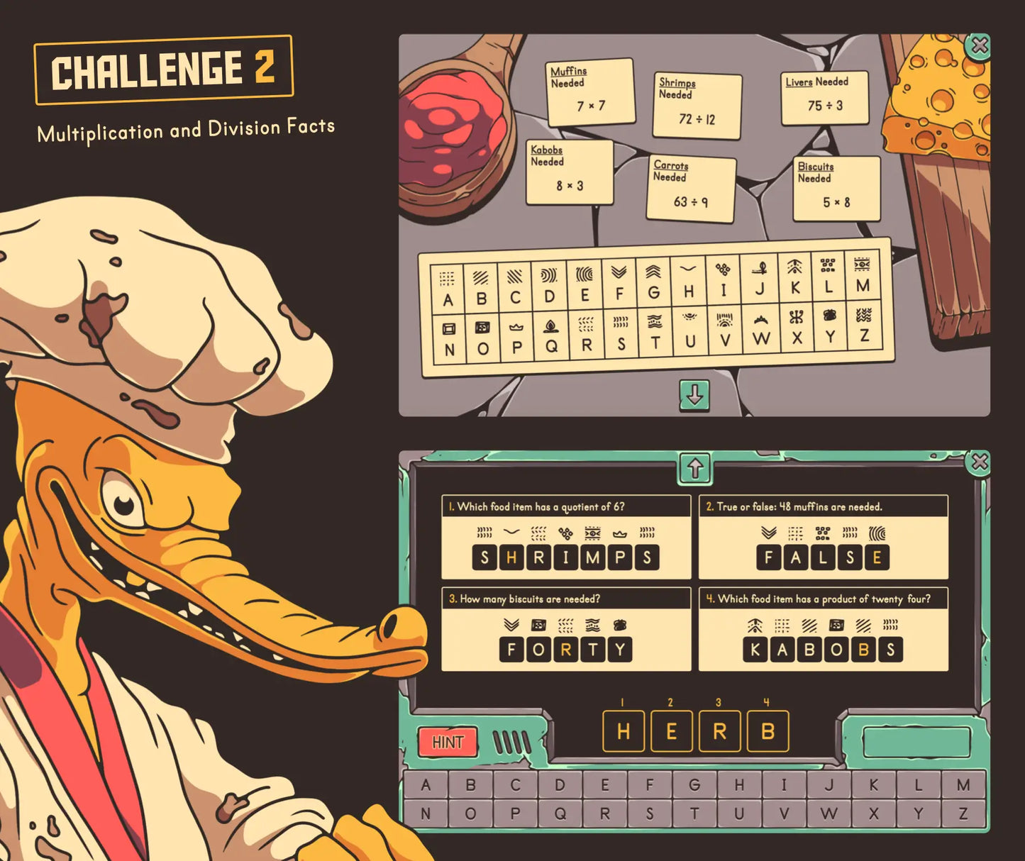 Online multiplication and division facts game with a summer theme and a cryptogram section.