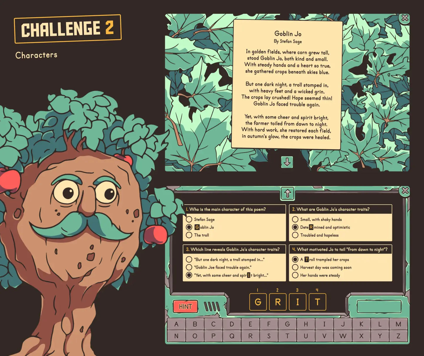 Online character traits game with poetry, multiple-choice questions, and an autumn theme.