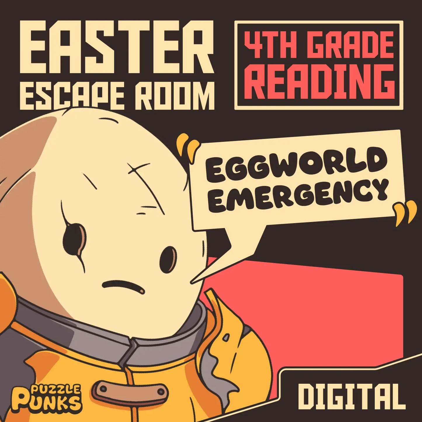 4th grade reading comprehension digital escape room with an Easter theme, titled "Puzzle Punks: Eggworld Emergency."