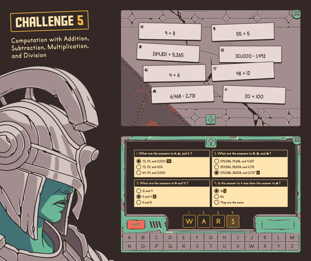 Digital computation with addition, subtraction, multiplication, and division activity with a multiple-choice section.