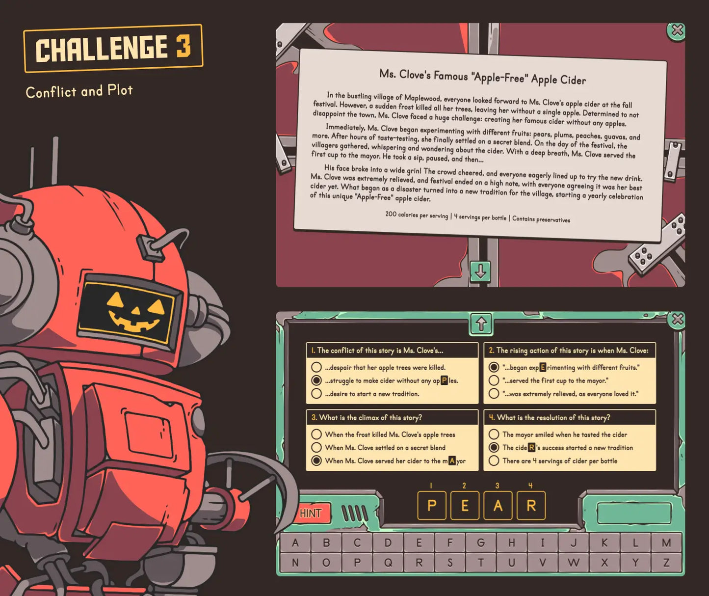 Virtual fall reading activity covering the standard of conflict and plot in a story.
