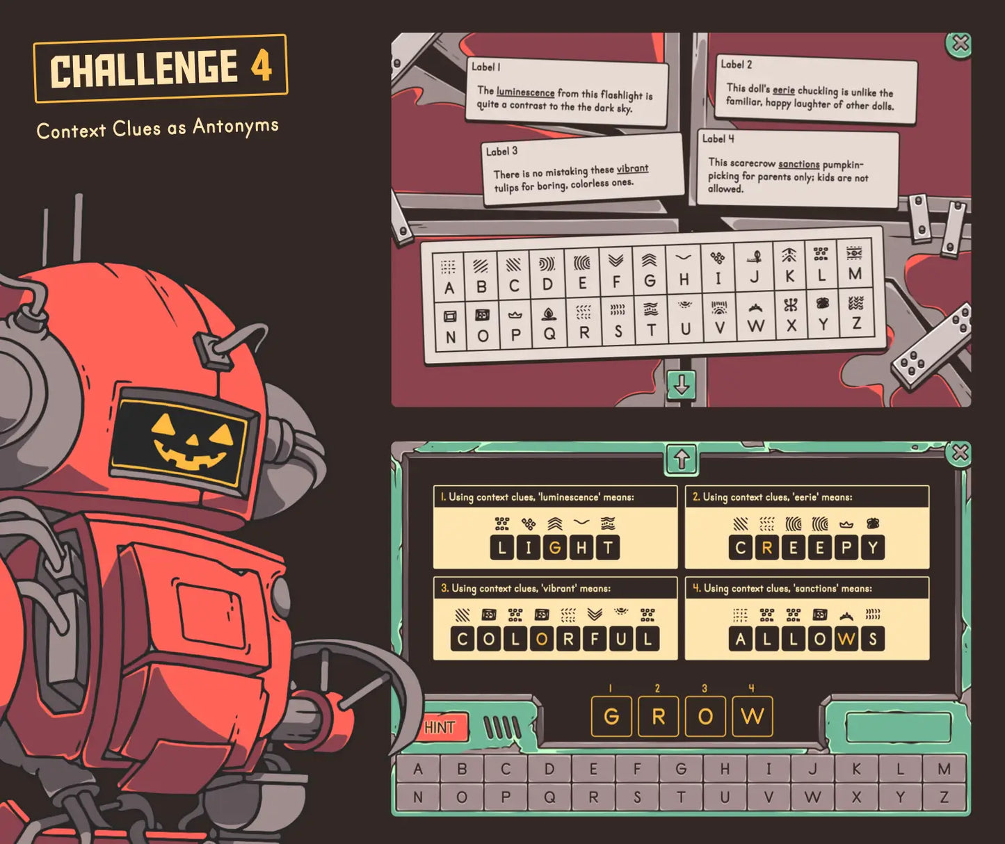 Digital autumn reading game focused on defining vocabulary words based on context clues as antonyms.