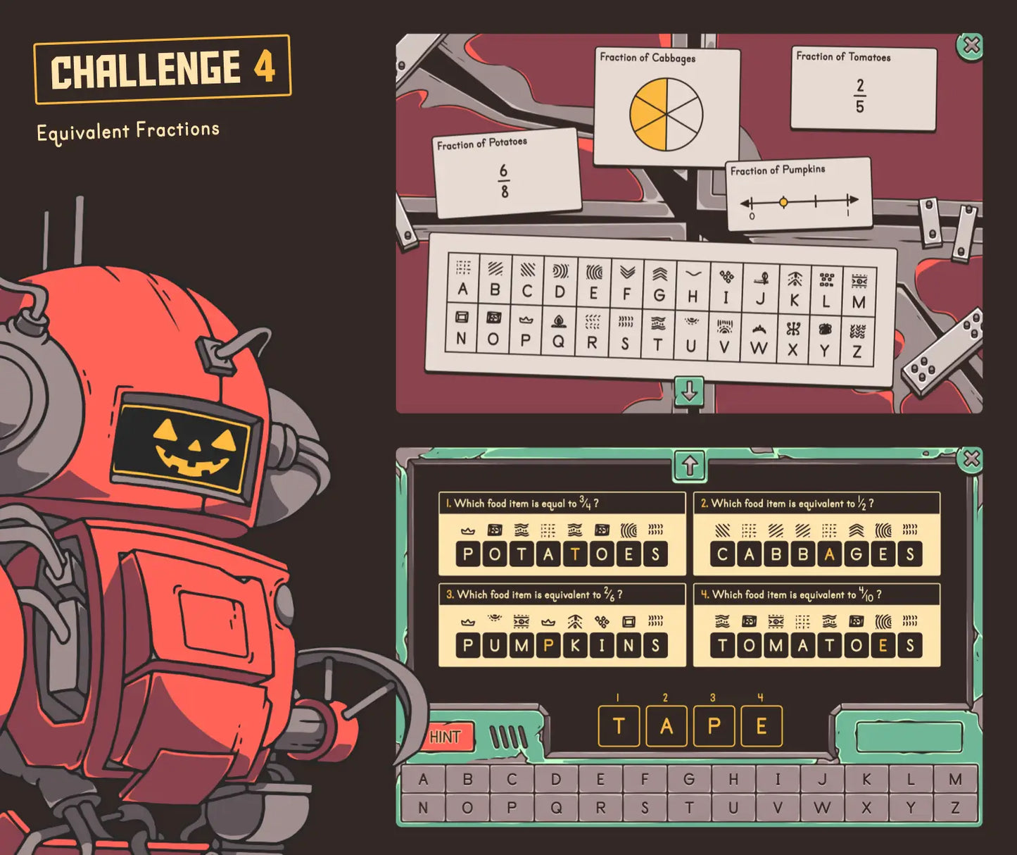 Virtual fall equivalent fractions game with number lines, fractions of shapes, and a cryptogram.