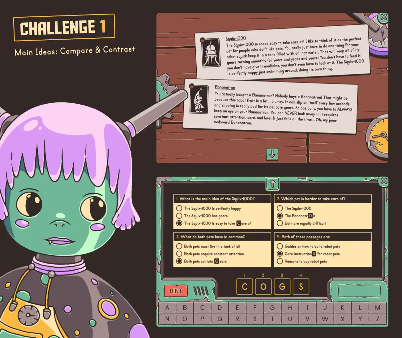 Digital contrasting main ideas activity with a multiple-choice section.
