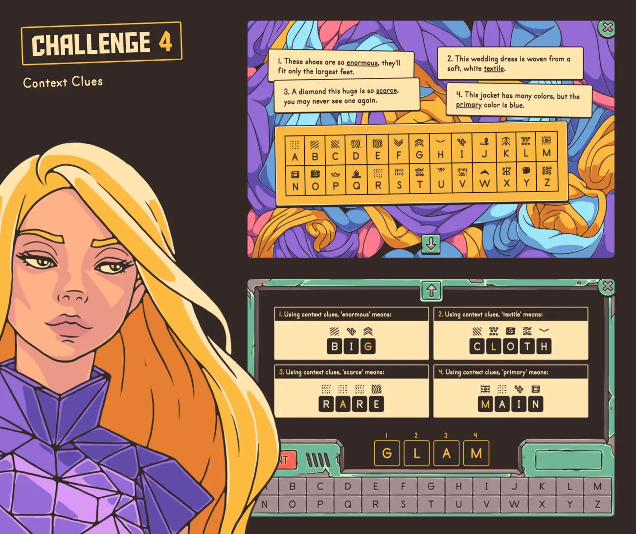 Digital context clues activity with a cryptogram answer section.
