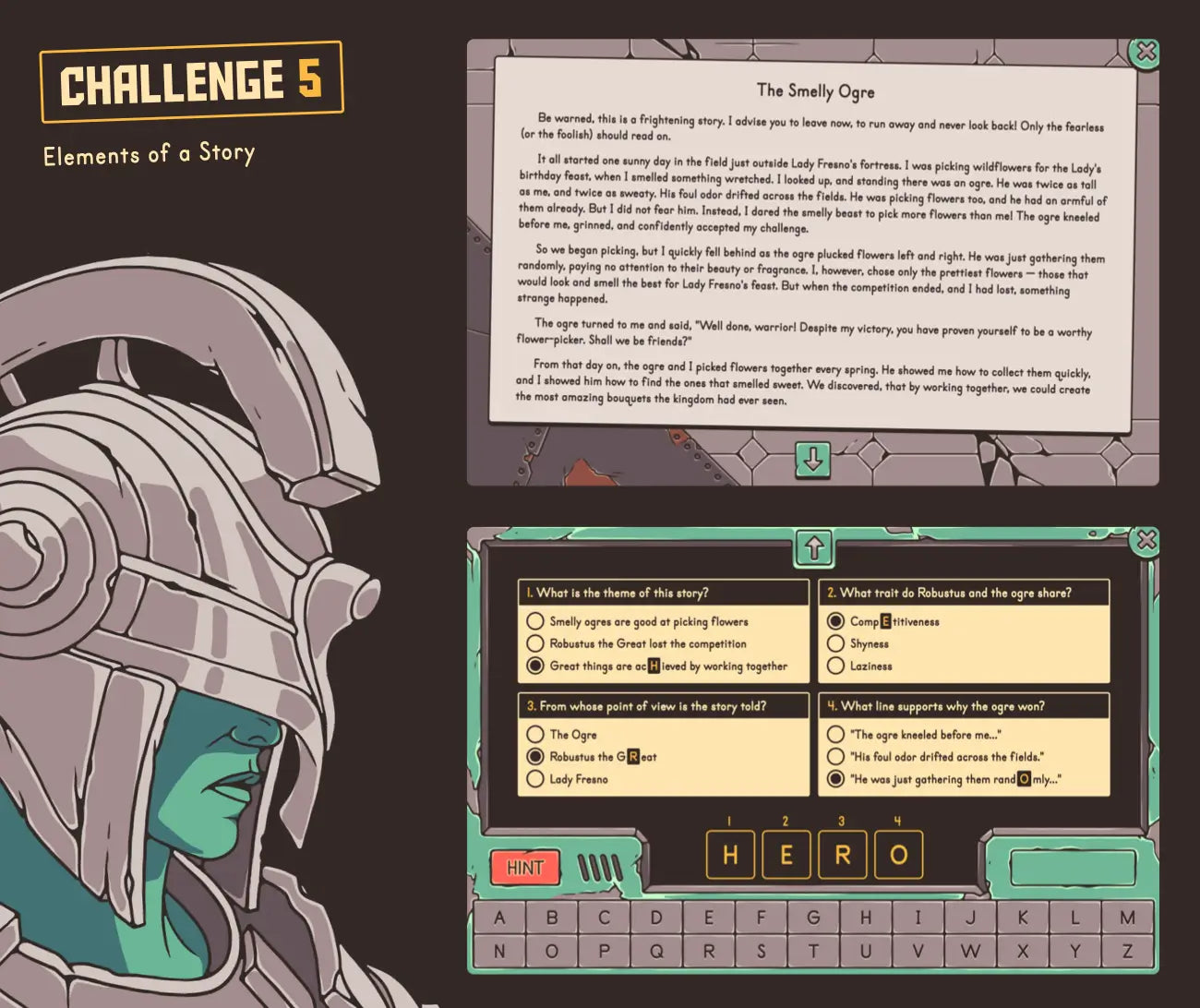 Digital elements of a story activity with a multiple-choice section.