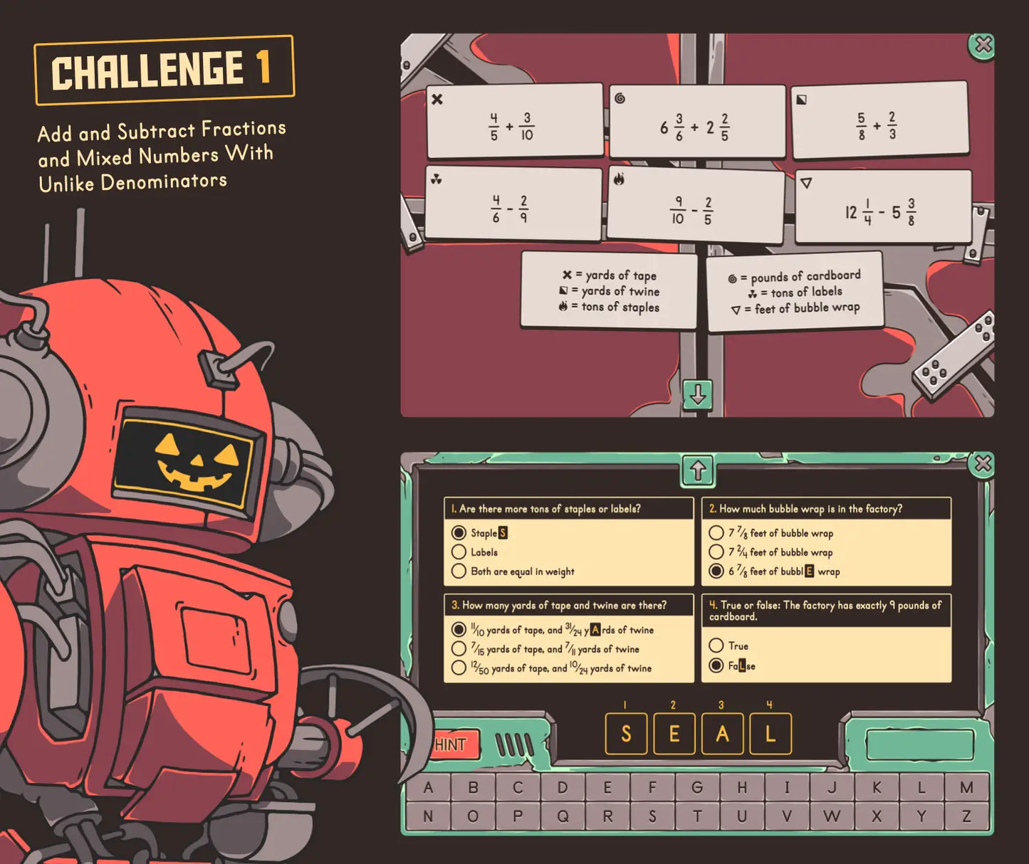 Virtual fall fractions game, covering adding and subtracting fractions and mixed numbers with unlike denominators.