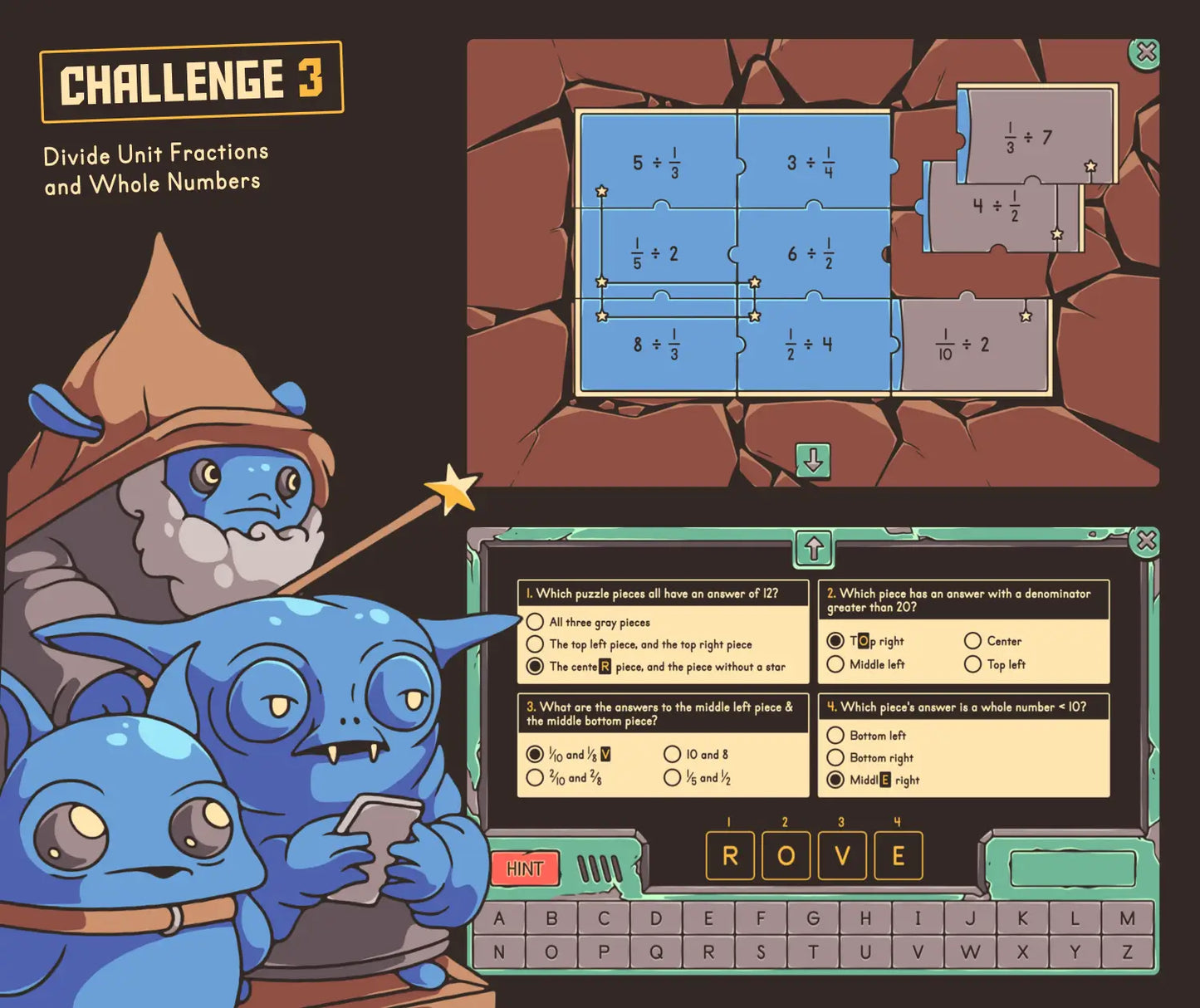 Digital dividing unit fractions and whole numbers activity for fall classrooms, with puzzle and multiple-choice sections.
