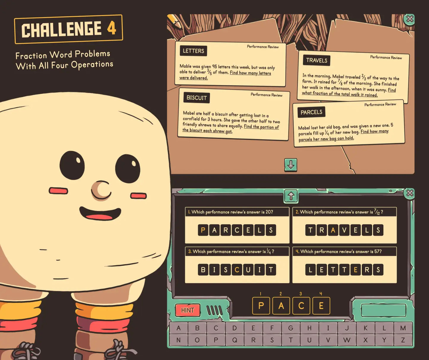 Online fractions activity covering 5th grade fraction word problems with all four operations.