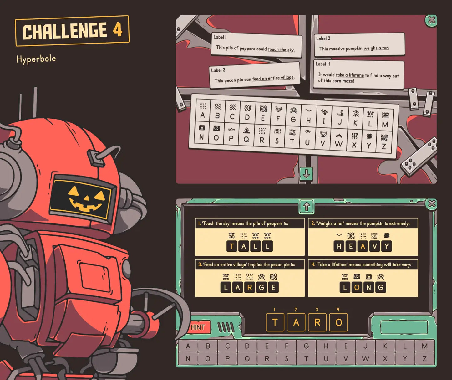 Digital autumn reading game focused on figurative language and hyperbole.