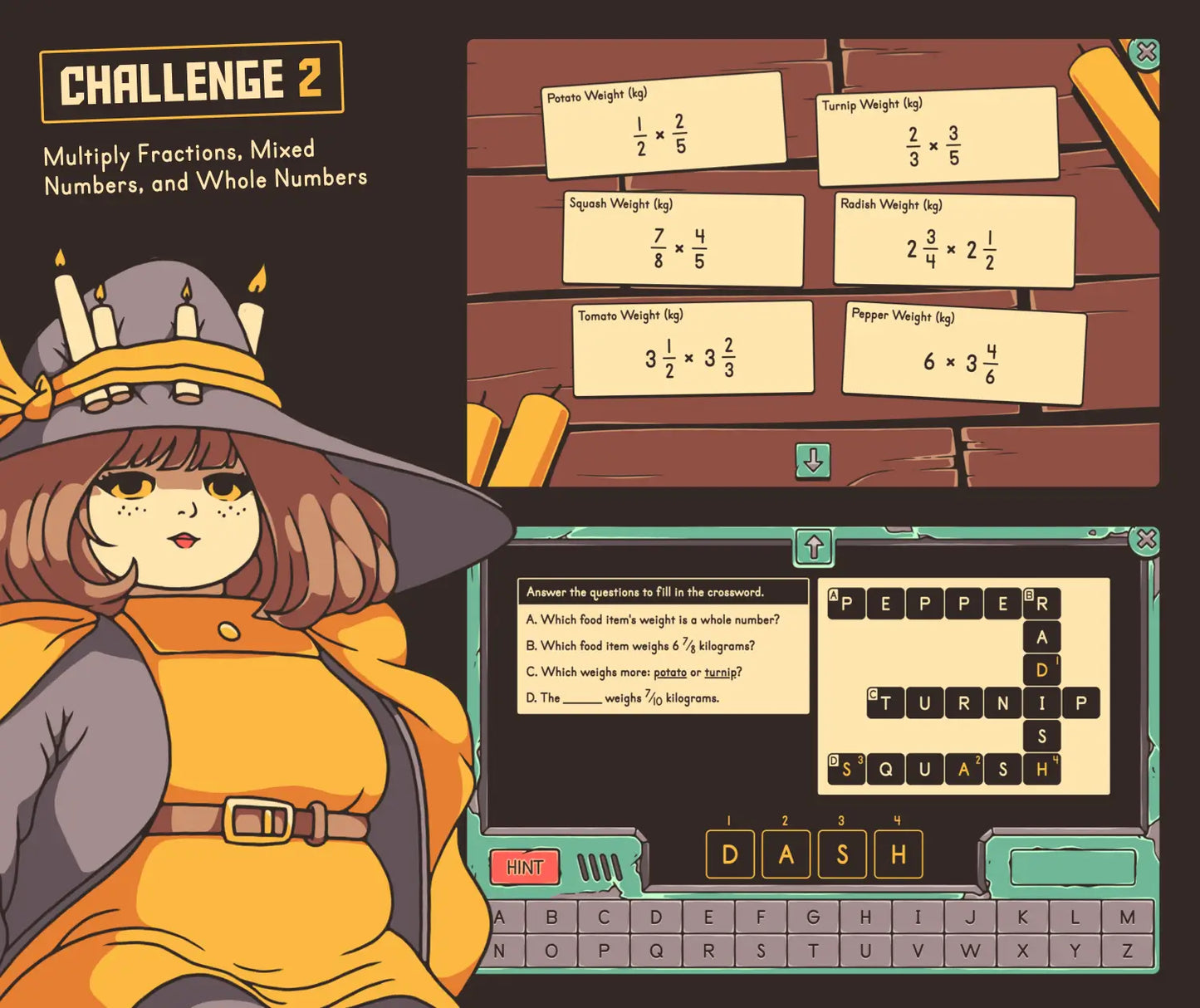 Online fall fractions activity, covering multiplying fractions with mixed numbers and whole numbers.