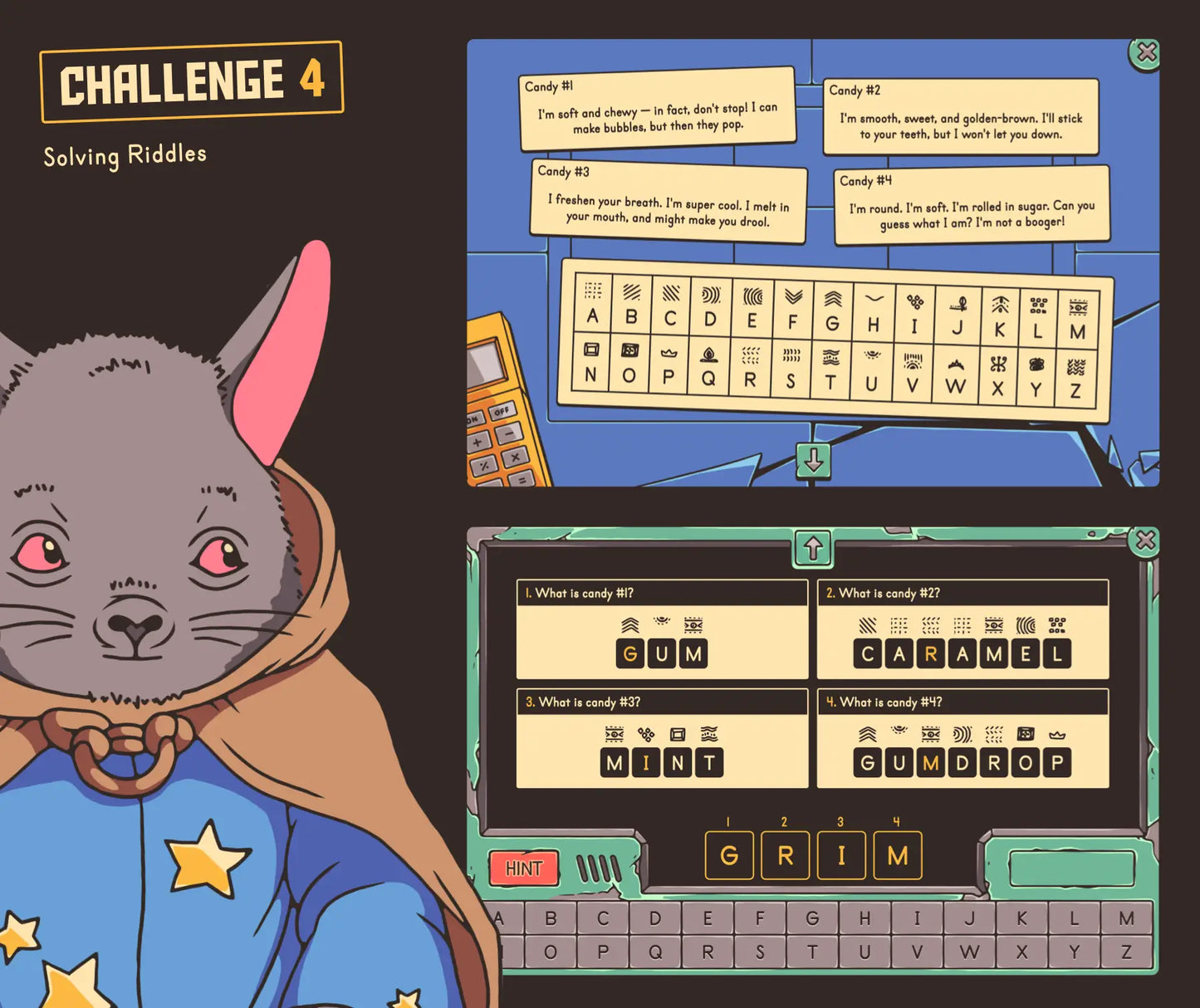 Digital making inferences escape room showing a "solving riddles" activity.