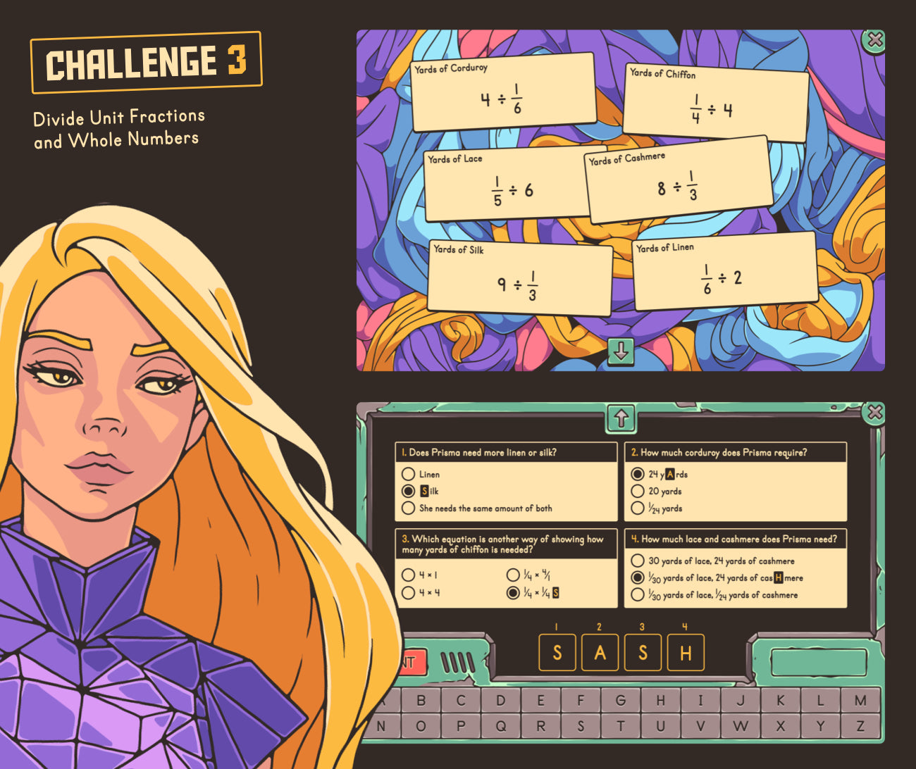 Digital dividing unit fractions and whole numbers game with a multiple-choice section.