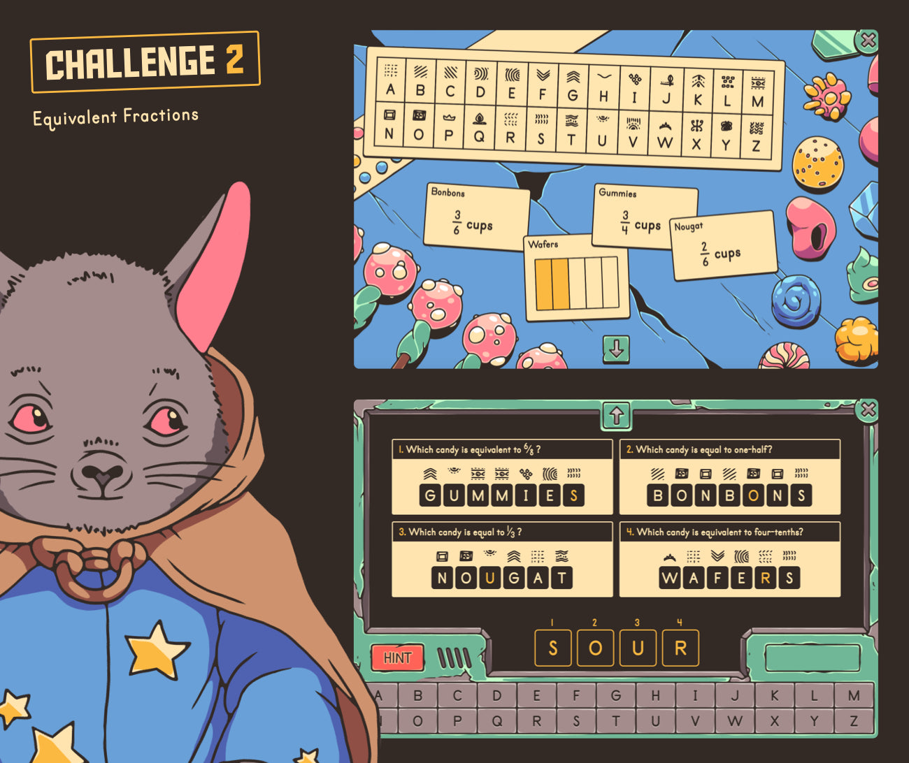 Digital equivalent fractions game with a cryptogram answer section.