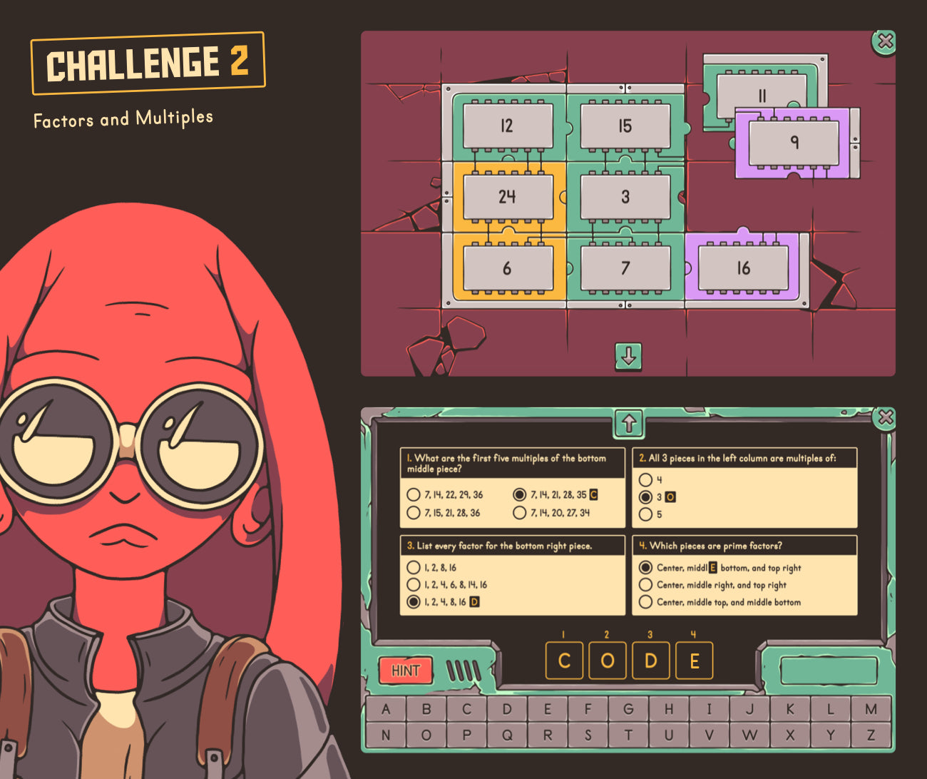 Digital factors and multiples game with a puzzle and multiple-choice section.