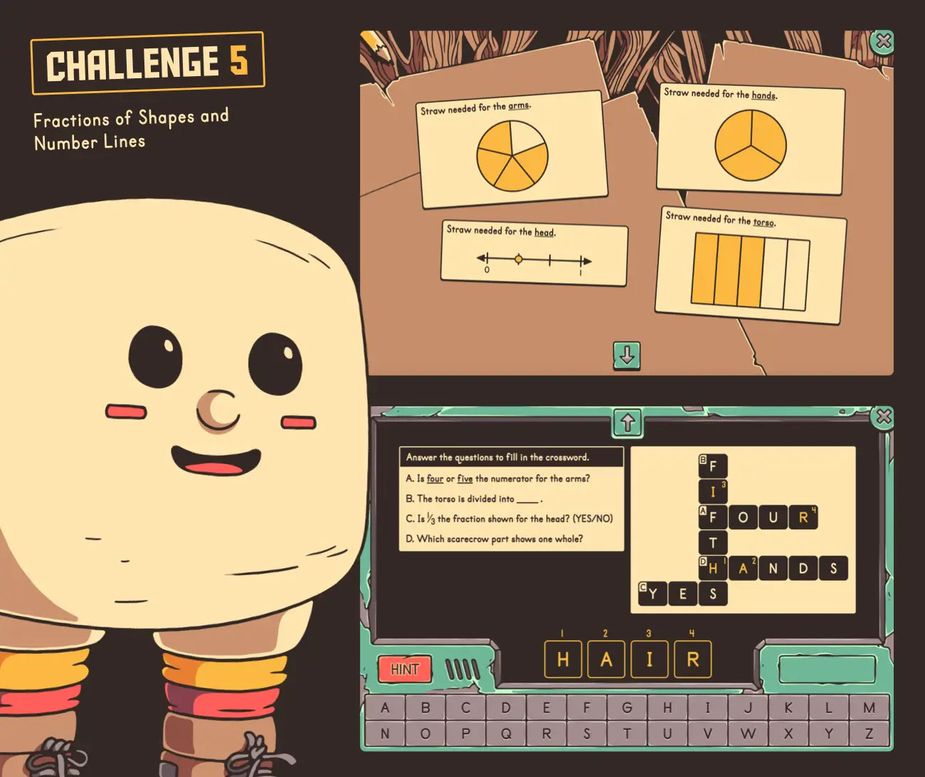 Virtual fall math activity featuring fractions of shapes and number lines and a crossword puzzle.