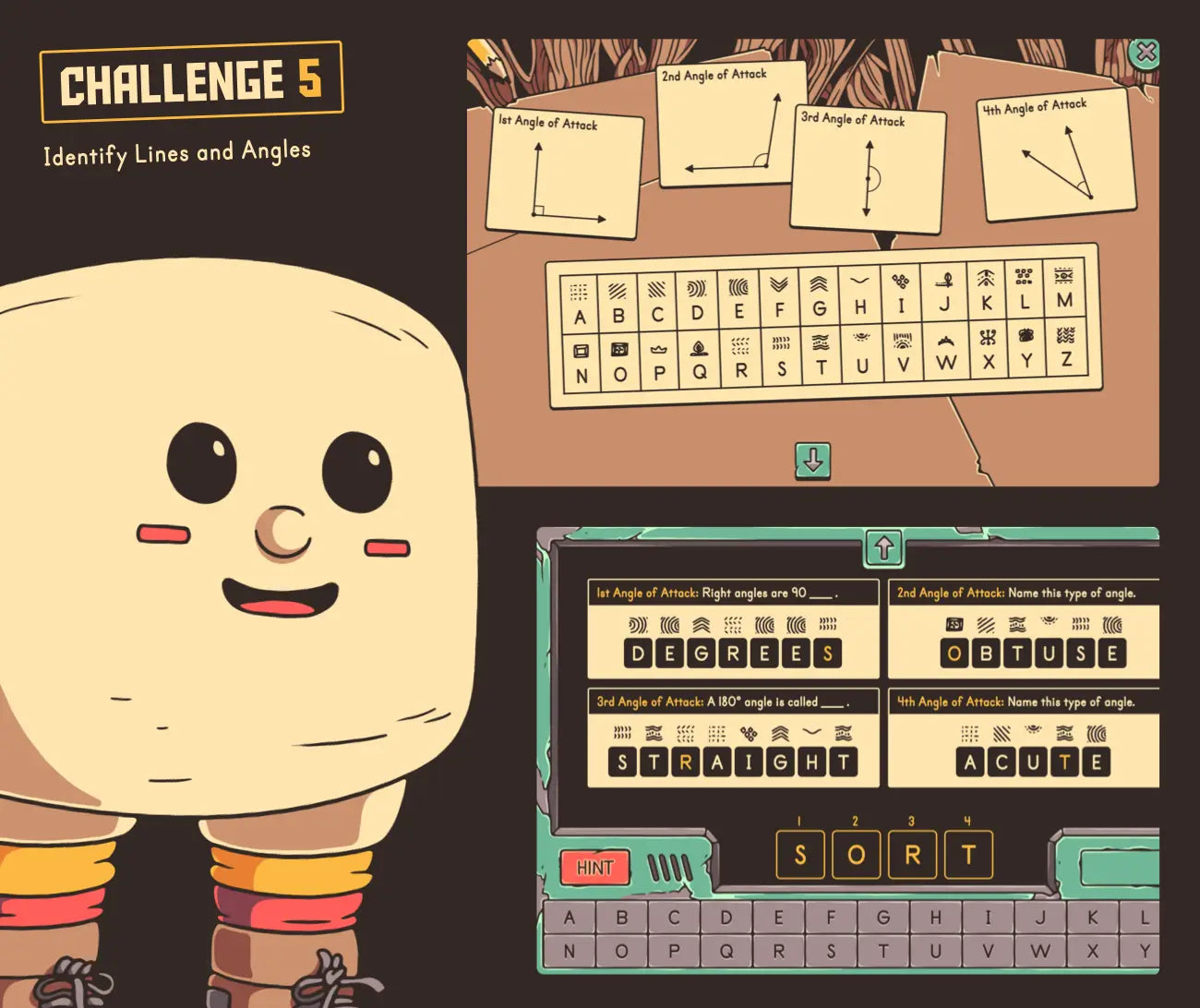 Virtual fall math activity about identifying lines and angles, with an encoded cryptogram section.