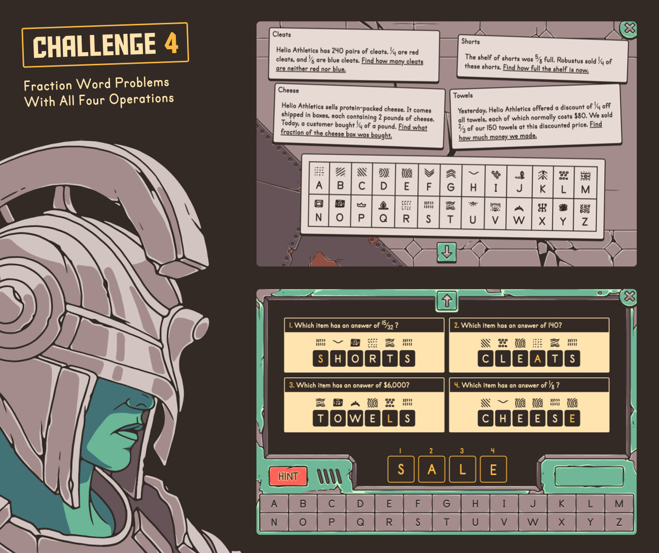 Digital fraction word problems with all four operations game with a cryptogram answer section.