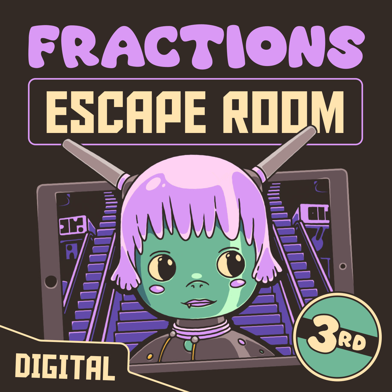 Digital 3rd grade fractions escape room with the theme "Puzzle Punks: Escape The Midnight Mall."