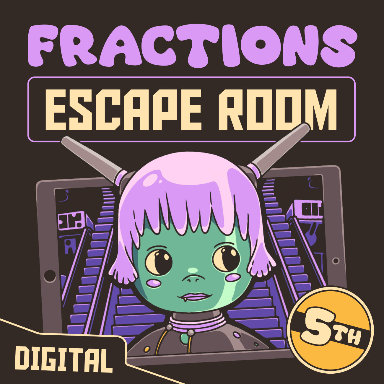 Digital 5th grade fractions escape room with the theme "Puzzle Punks: Escape The Midnight Mall."
