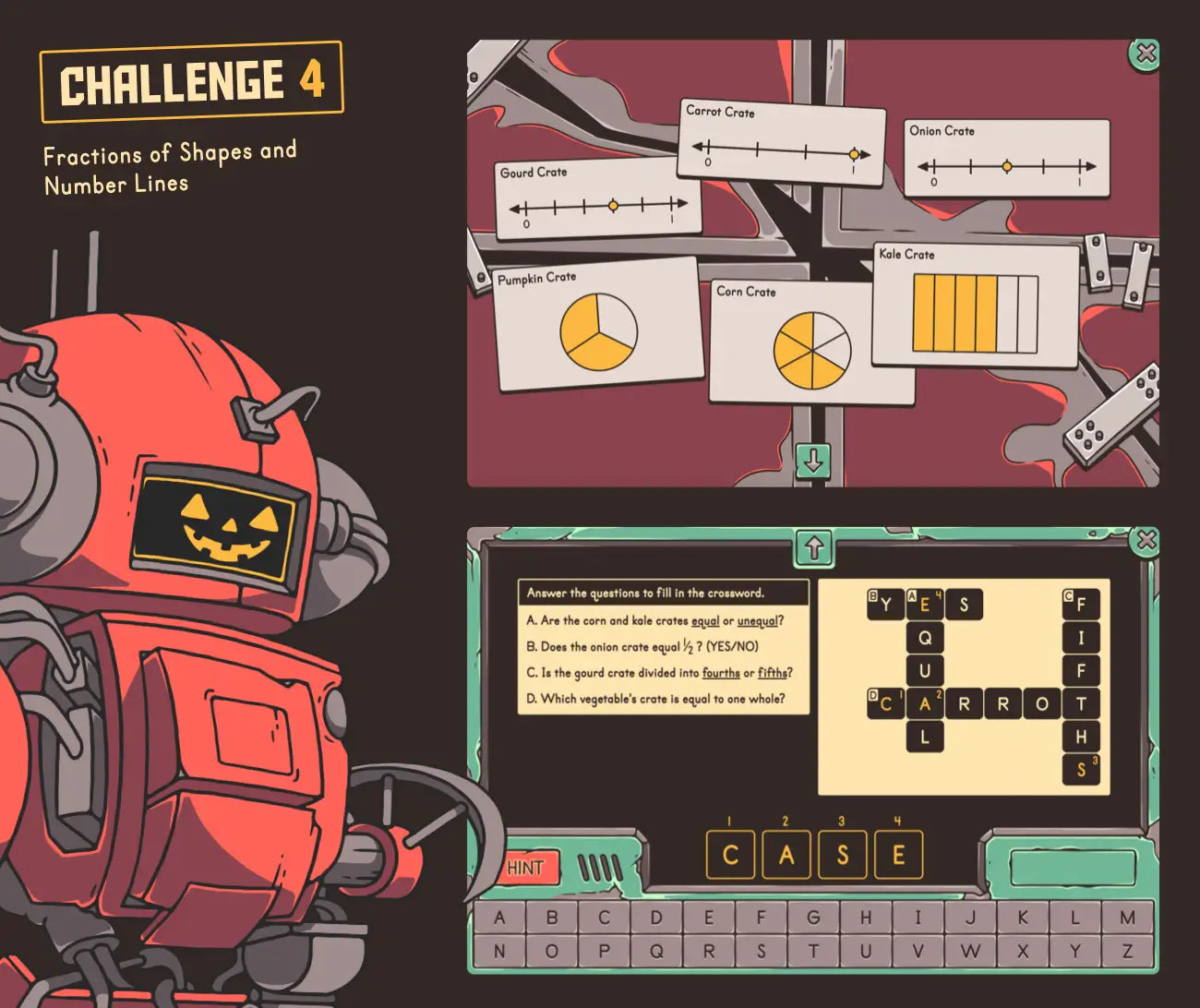 Digital fall fractions of shapes and number lines game for kids.