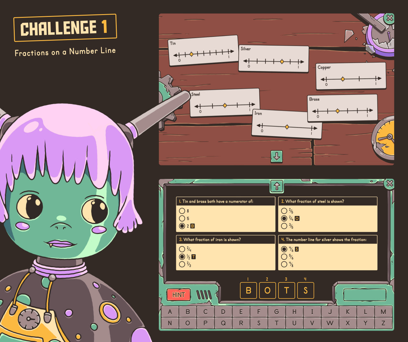 Digital fractions on a number line game with a multiple-choice section.