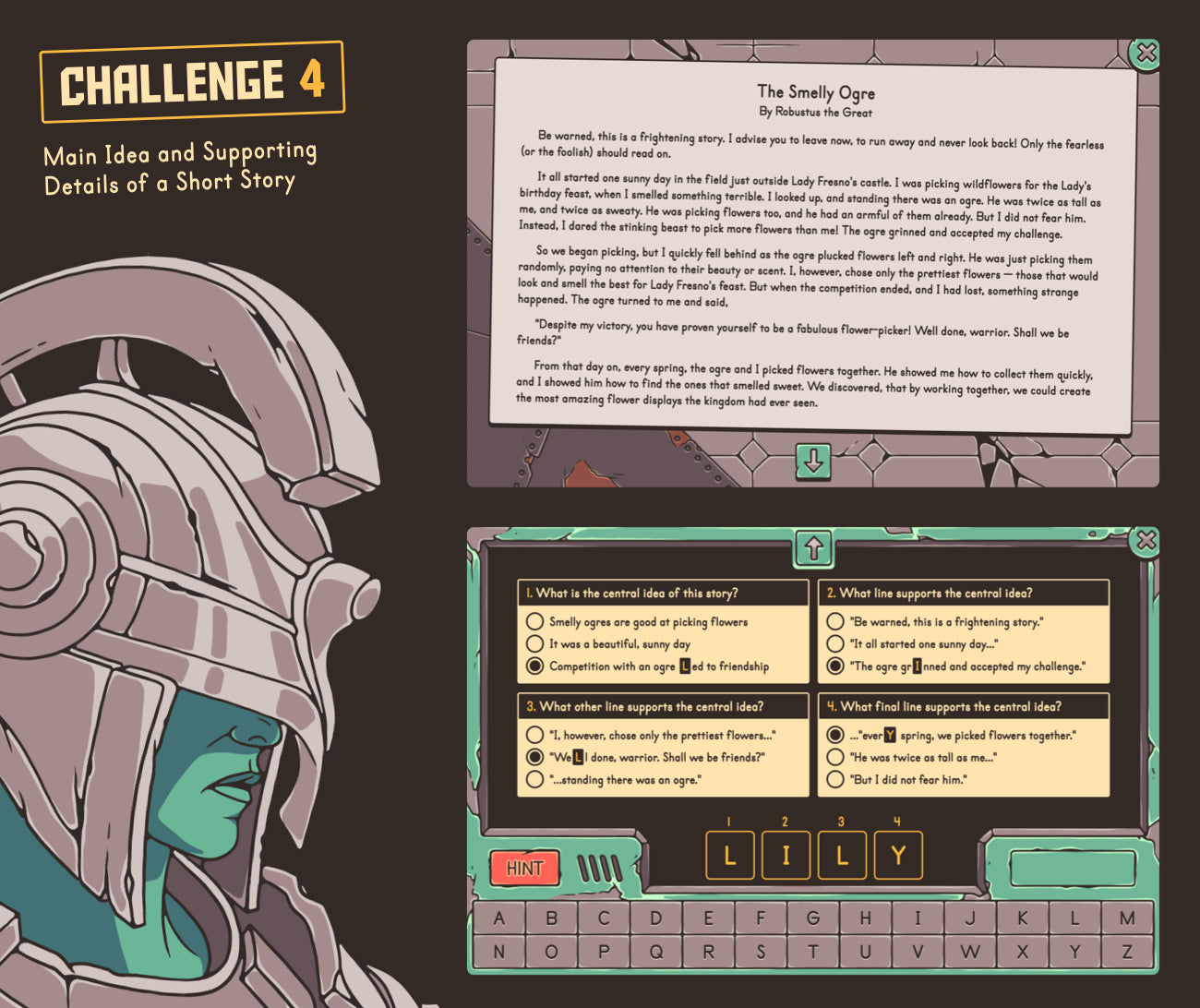 Online main idea and supporting details of a short story activity, with multiple-choice answers.