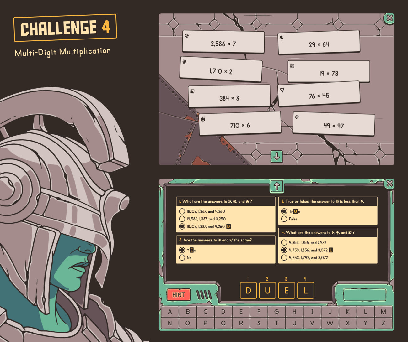 Digital multi-digit multiplication game with a multiple-choice section.