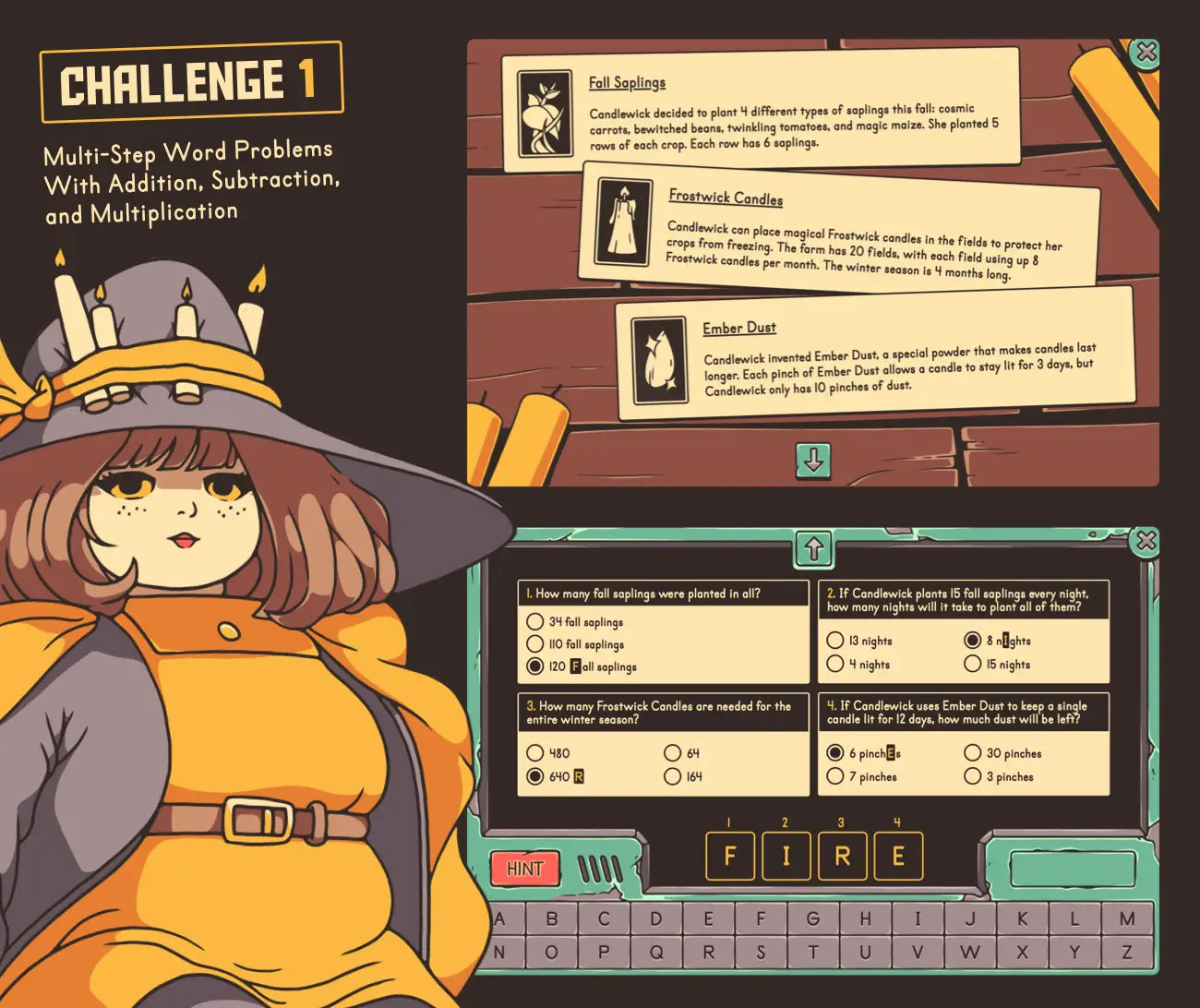 Digital fall-themed multi-step word problems with addition, subtraction, and multiplication activity.