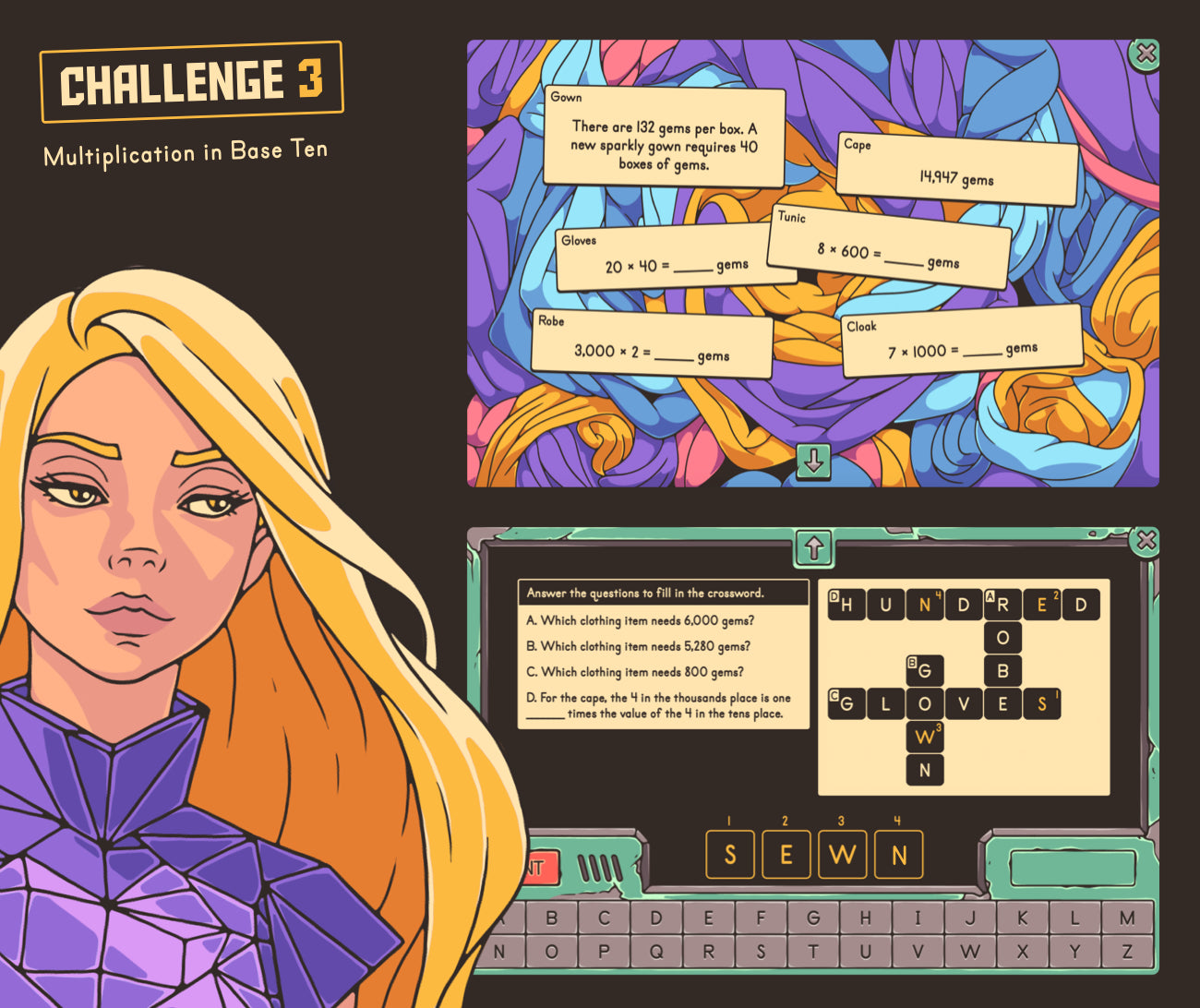 Digital multiplication in base ten game with a crossword puzzle section.