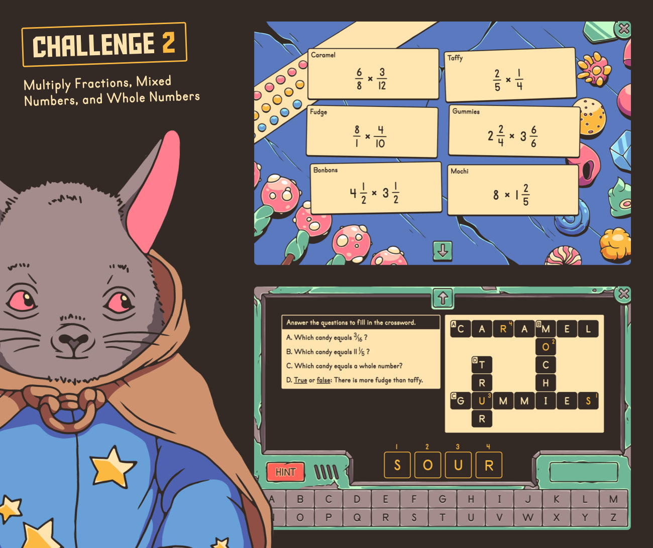Digital multiplying fractions, mixed numbers, and whole numbers game with a crossword puzzle section.
