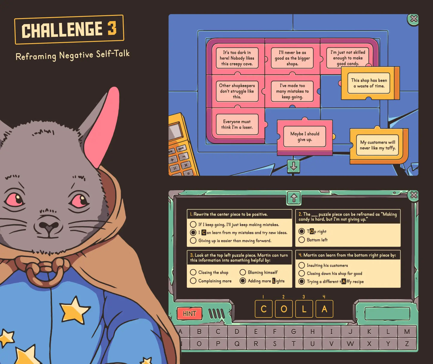Online growth mindset game based on reviewing negative self-talk for 4th and 5th grade.