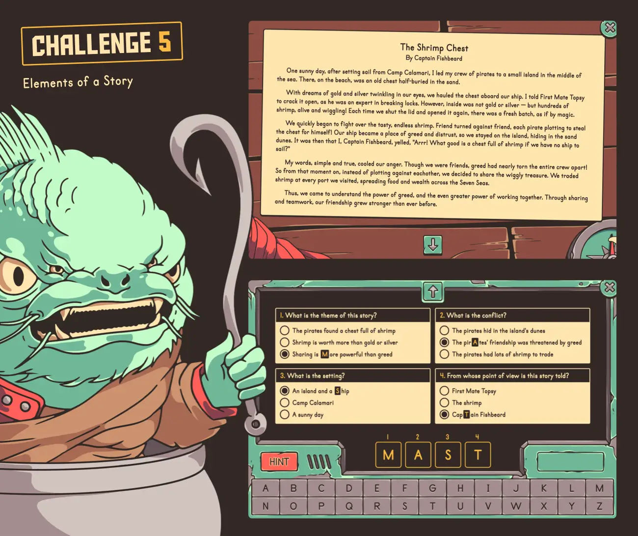 Virtual summer story elements activity covering theme, conflict, setting, and point of view.