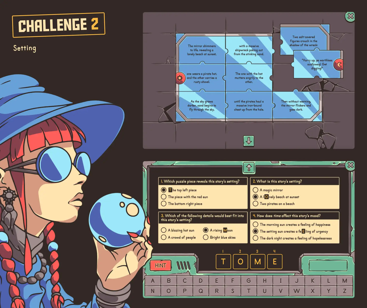 Virtual summer-themed setting game for 4th and 5th grade reading review.