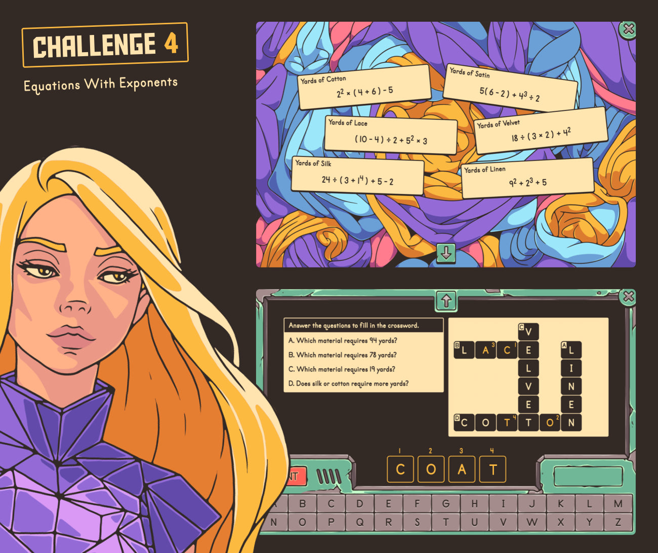 Digital equations with exponents game with a crossword puzzle section.