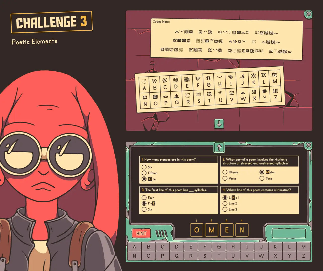 Online poetic elements activity with a cryptogram and multiple-choice questions.