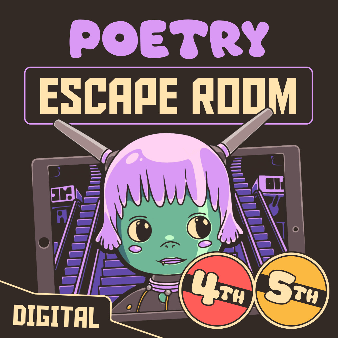 Cover image for a virtual poetry escape room labeled for 4th and 5th grade classrooms.