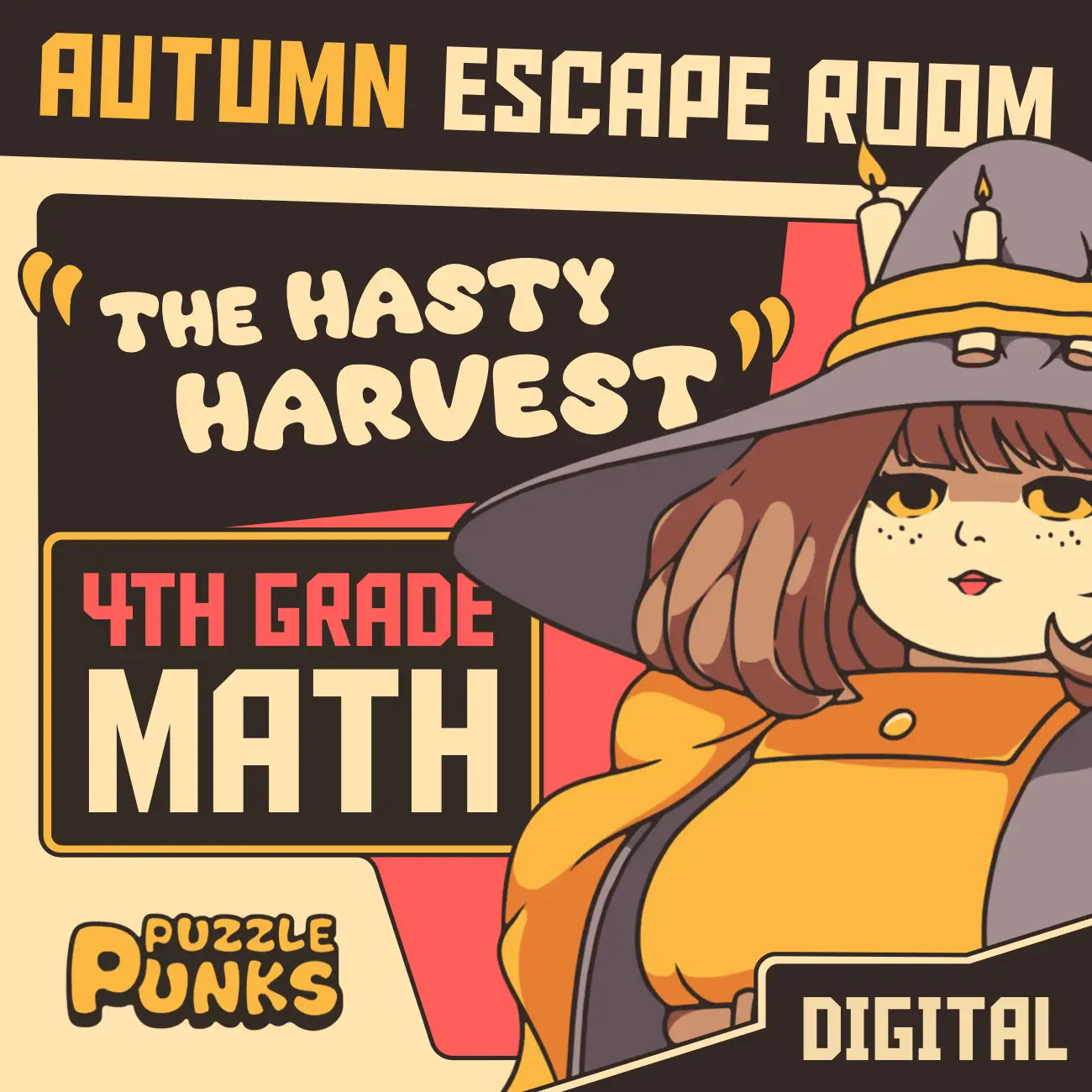Cover image for a digital fall escape room for 4th grade math, titled "Puzzle Punks: The Hasty Harvest."