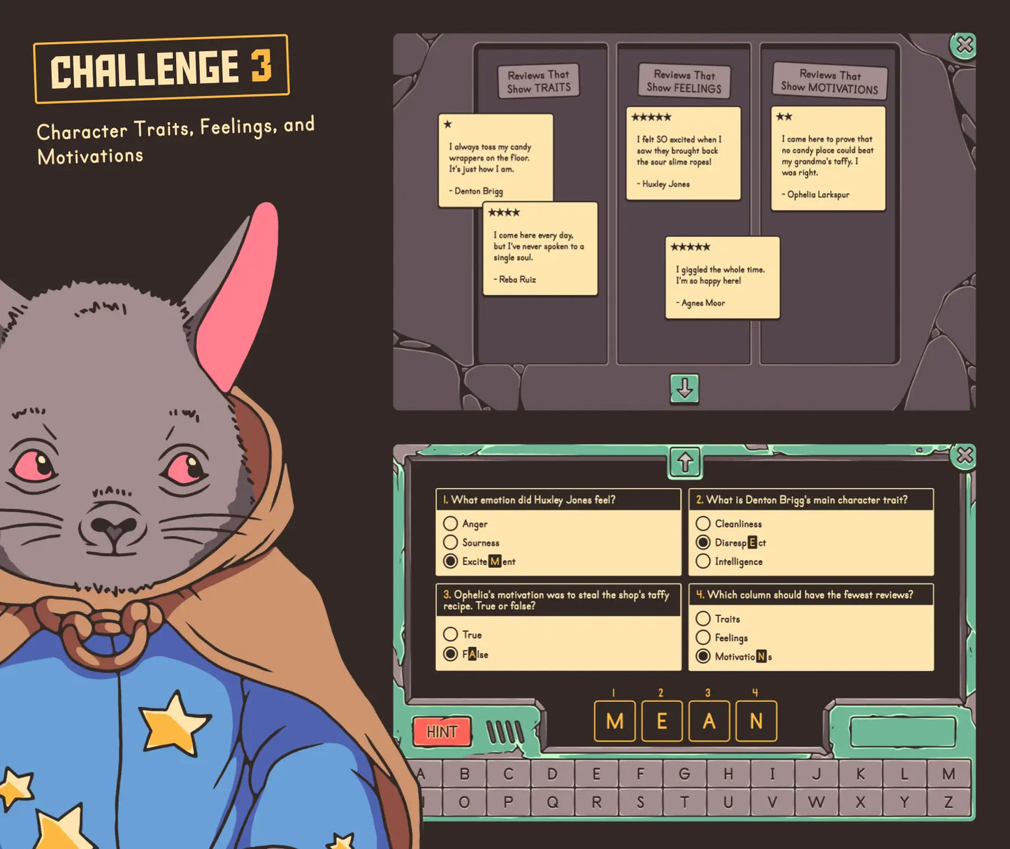 Digital reading comprehension review game covering the story elements standards of character traits, feelings, and motivations.